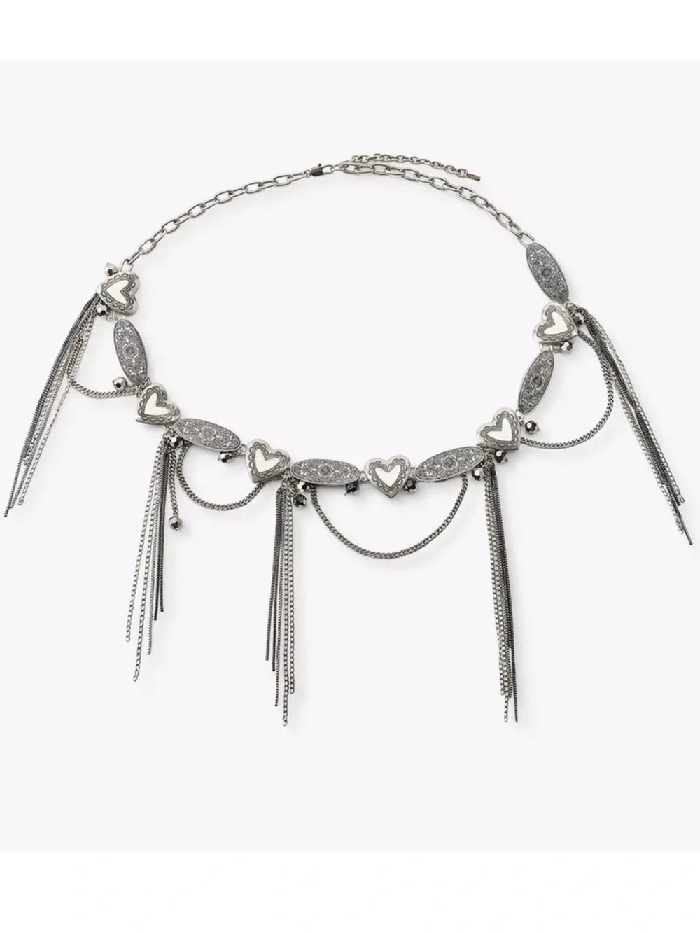 Zara Silver Heart Charm Concho Chain Fringe Belt Size 34 NWOT